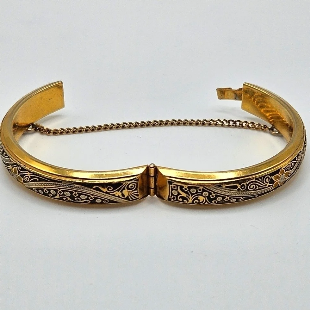 VINTAGE Damascene Gold-Filled Etched Child Hinged Cuff Bracelet Bangle